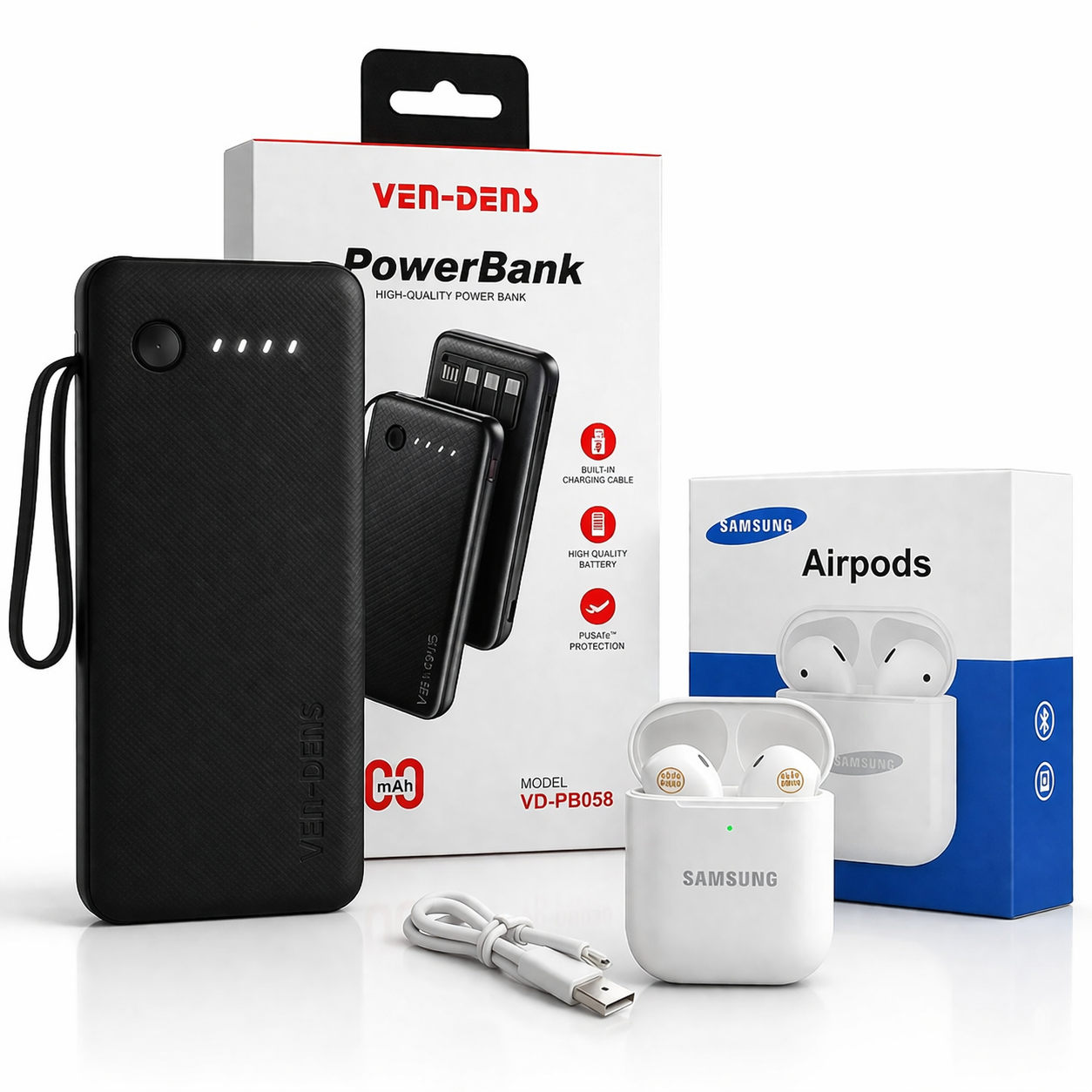 Ven-Dens Power Bank cable and Samsung Airpods